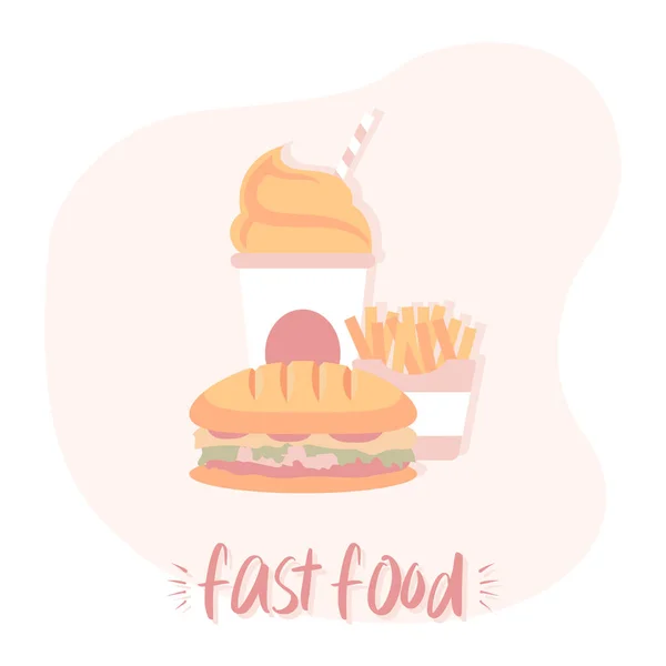 Fast Food Set Large Burger French Fries Milkshake Whipped Cream — Stock Vector