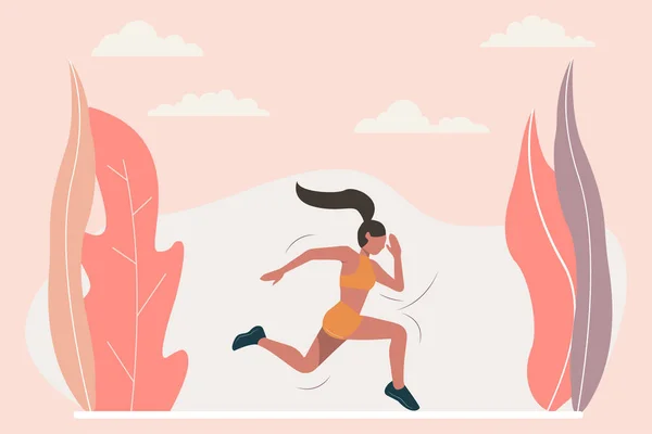 スポーツのトップとショートパンツで走る若い女性のベクトルイラスト アスレチック女性 スポーツ トレーニング ランニング 健康的で活動的なライフスタイルの概念 — ストックベクタ