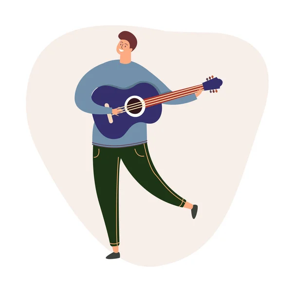 Gülümseyen adam gitar çalıyor. Boş zamanlarında gitar çalıyorsun. Gitar çalma dersleri. Gitar dersleri veriyordum. Bir müzik mağazası, konser ya da festival afişi. Vektör illüstrasyonu.