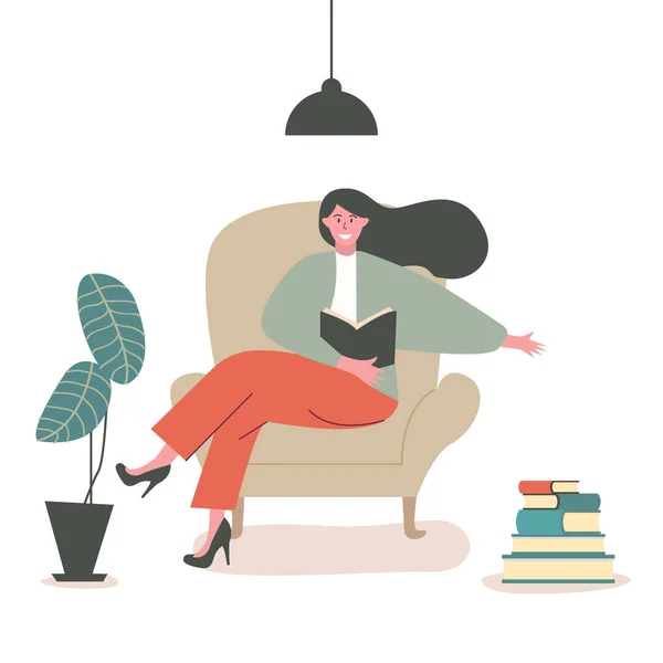 Girl Reading Book Sitting Chair Home Activity Concept Reading Books — Stock Vector