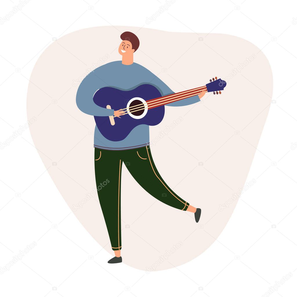 smiling guy plays the guitar. Playing guitar in your free time. Lessons of guitar playing. Advertising guitar lessons. Poster for a music store, concert, or festival. Vector illustration.