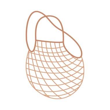 Müşterinin yeniden kullanılabilir alışveriş çantasının düz vektör çizimi. Pamuklu tel örgü çevre dostu çanta. Sıfır israf kavramı. Beyaz arkaplandaki izole nesne.