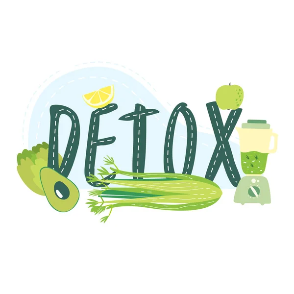 デトックスダイエットのフラットベクトル漫画ポスター 健康的な食事療法 解毒プログラムの概念 白い背景にブレンダー 野菜や果物に囲まれたフレーズデトックス — ストックベクタ