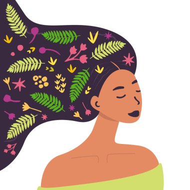 Flat vector cartoon illustration of a woman with flowers in her head. Women's mental health. Mindfulness, positive thinking, self-care. The concept of healing the mind. clipart