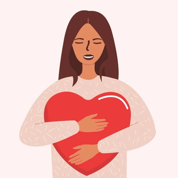 Flat Vector Cartoon Illustration Woman Hugging Big Red Heart Care — Stock Vector