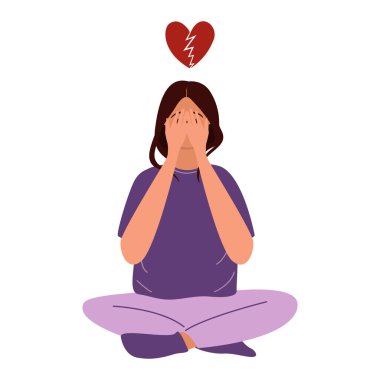 Bacak bacak üstüne atmış, ayrılıktan sonra depresyona girmiş, kafasının üstünde kırık bir kalple ve elleriyle yüzünü kapatmış bir kadının düz vektör çizimi. Beyaz arkaplanda izole çizim
