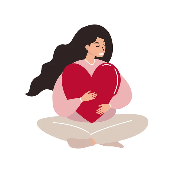 蓮の花の位置に座って大きな心を抱く笑顔の女性のフラットベクトル漫画イラスト ポジティブな思考 自己愛 精神衛生の概念 — ストックベクタ