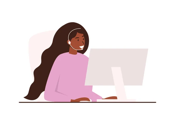 一个平面矢量卡通画一个非洲裔美国妇女与耳机在呼叫中心的计算机上工作 一名非洲妇女在支助部门工作 — 图库矢量图片