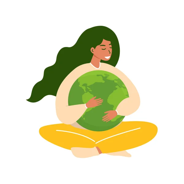 地球を受け入れる女性のフラットベクトルイラスト 世界地球の日 自然資源の保全 保護及び合理的な消費の概念 — ストックベクタ