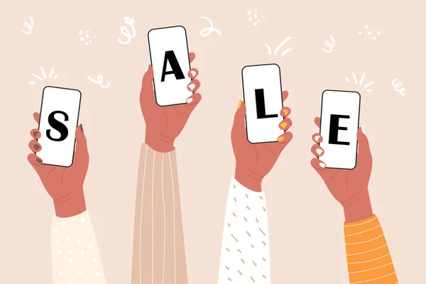 Telefonları tutan ve satışları gösteren düz vektör çizimi. Cep telefonları olan internet mağazaları. Çevrimiçi mağazalarda kolay alışveriş kavramı. Büyük satışlar için pazarlama imajı.