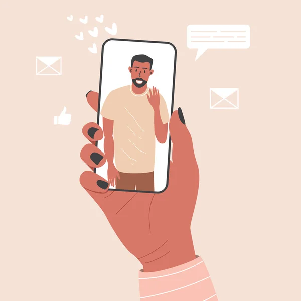 画面に男と携帯電話を保持する女性の手のフラットベクトル漫画のイラスト デートやビデオ通話のためのアプリ — ストックベクタ