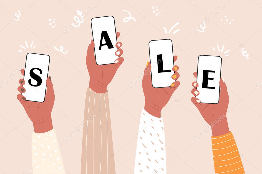 Flat vector illustration of hands holding phones and showing a sale. Online stores with mobile phones. The concept of easy shopping in online stores. Marketing image for big sales.
