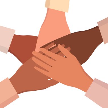 Birleşme, uyum ve destek jesti yapan çok uluslu insanların ellerinin düz vektör çizimi. Bir yığın el. Takım çalışması, işbirliği ve topluluk için tasarım