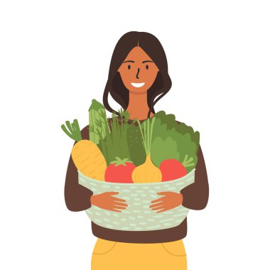 Elinde sebze sepeti olan bir kadının düz vektör çizimi. Çiftlik ürünleri. Sağlıklı ve temiz diyet kavramı. Beyaz arkaplanda izole tasarım.