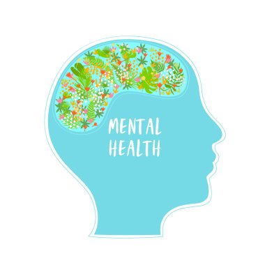 İçinde çiçekler olan siluetli bir insan kafasının düz vektör çizimi. Akıl sağlığı konseptleri, terapi ve tedavi. Dünya Akıl Sağlığı Günü. Beyaz arkaplanda izole tasarım