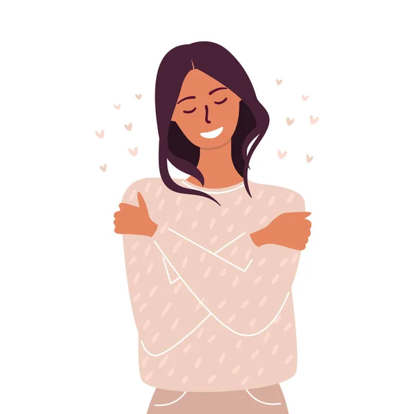 Flat Vector Cartoon Illustration Woman Hugging Herself Concept Self Love — Stock Vector