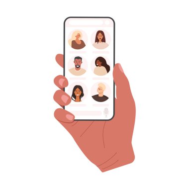 Telefon tutan bir elin düz vektör çizimi. Arkadaşlarla sosyal ağ kurmak. Kulüp ses sohbeti. Beyaz arkaplanda izole tasarım