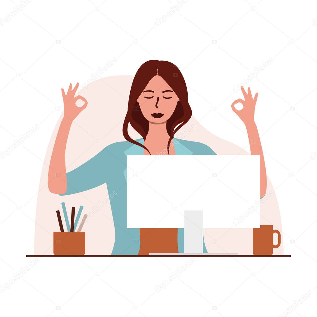 Flat vector illustration of a woman meditating in the workplace, sitting in front of a computer. The concept of relaxation and meditation during the working day to avoid stress and burnout.