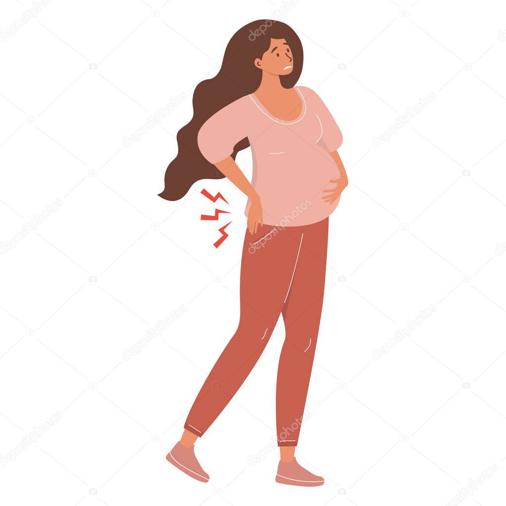 Illustration of a pregnant woman experiencing back pain. She holds her back with one hand and her stomach with the other. Diseases of pregnancy. Women's consultation, gynecology, pregnancy symptoms
