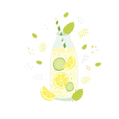 Suyun düz vektör çizimi. Çizgi film detoks kokteyli. Tüplü ve malzemeli bir şişe limon, salatalık, nane, beyaz arka planda ezilmiş zencefil. Renkli poster