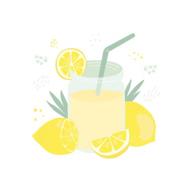 Limonata kavanozundaki limonatanın düz vektör çizimi. Bir dilim limon, yeşil kamış, tam bir limon ve yarım limon..