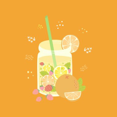 Portakal, limon, nane ve çilekten yapılmış parlak bir yaz tazeleyici içeceğinin düz vektör çizimi. Reklam, blog, kafe veya restoran menüleri için tasarım.