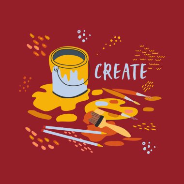 Bir kutu boya, bir suluboya paleti, fırçalar, kalemler ve dekoratif elementlerin olduğu bir sürü noktanın düz vektör çizimi. Cümle yarat. Yaratıcı insanlar için motive edici ve ilham verici bir pankart