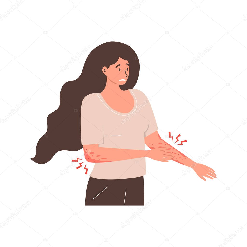 Flat vector illustration of an unhappy suffering woman scratching the skin on her hand. Various skin problems, such as allergies, psoriasis, itching, atopic dermatitis, eczema, dryness, redness.