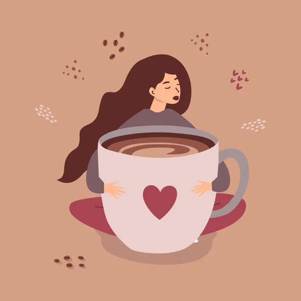 Illustration Une Fille Assise Embrassant Une Grande Tasse Café Pour — Image vectorielle