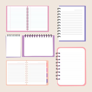 Notepad sayfalarının tasviri. Mavi ve kırmızı çizgileri olan bir not defterinin beyaz sayfaları. Not ve listeler için şablon. Web siteleri, posterler ve standlar tasarlanırken önemli bilgiler için not al.