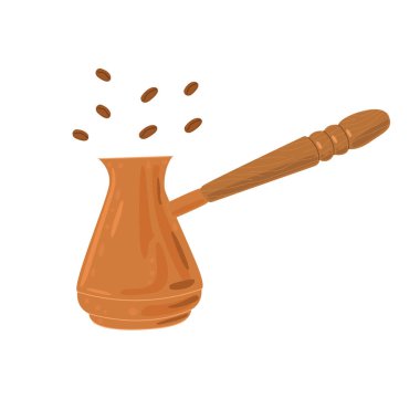 Ahşap saplı bakır bir turkanın düz vektör çizimi ve beyaz arka planda izole kahve çekirdekleri.