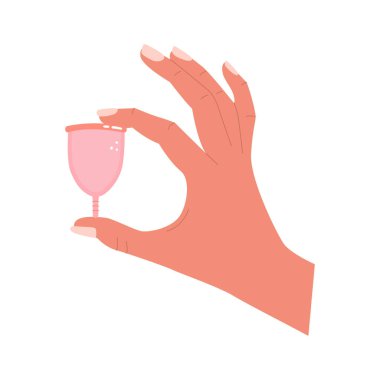 Adet bardağını tutan bir elin düz çizgi film çizimi. Kritik günlerde kadınlar için çevre koruması. Kadın hijyen ürünleri. Atık seviyesi sıfır. Adet döngüsünün korunması, kadın hijyeni..