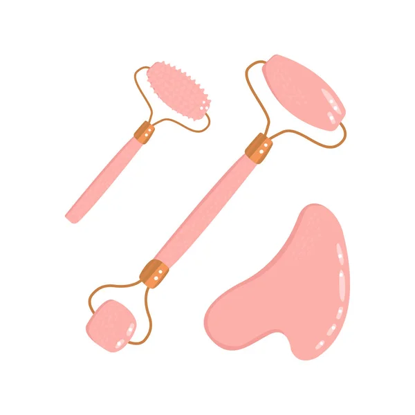 一个平面矢量漫画集玫瑰石英 由两个辊面按摩器和一个瓜沙组成 在白色背景下隔离的护肤和改善肤色的工具 — 图库矢量图片