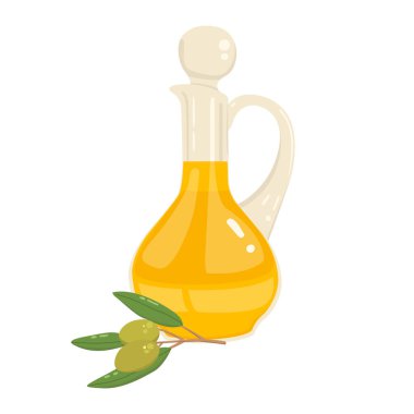 Zeytin yağı ve zeytin dalı ile cam sürahinin düz vektör çizimi. Beyaz arkaplanda izole tasarım.