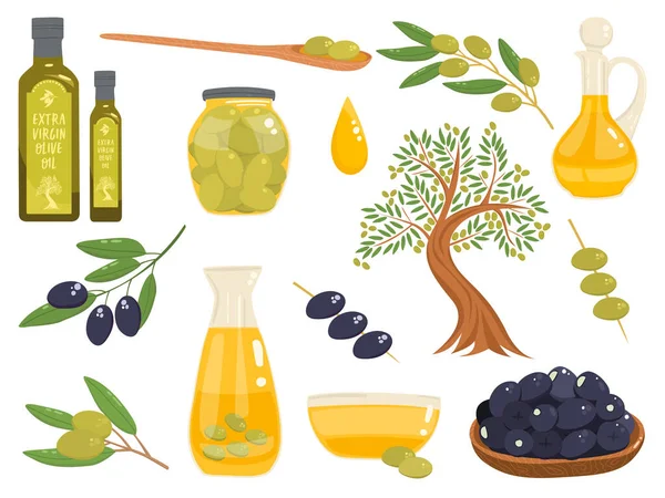 Platte Vectorcartoon Set Van Biologische Mediterrane Olijfproducten Hout Aromatische Olie — Stockvector