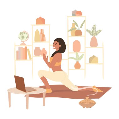 Evde yoga yapan bir kadının düz vektör çizimi. İnternetteki dersleri bir dizüstü bilgisayardan görüntüle ve yoga sırasında aroma lambasını kullan, beyaz bir arkaplanda izole edilmiş..