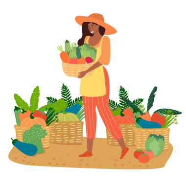 Hasır sepetle çeşitli sebzeler taşıyan ve hasat edilmiş sebze sepetlerinin yanında duran bir kadın çiftçinin düz çizimi. Tarım, bahçıvanlık ve tarım hobisi kavramı