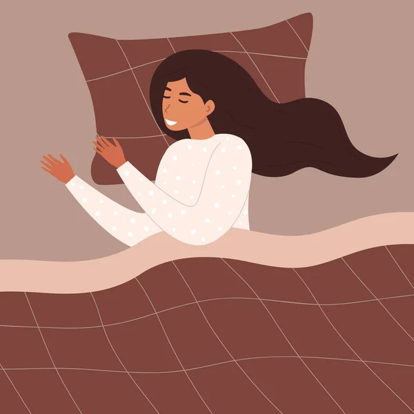 Flat Vector Cartoon Illustration Calm Smiling Woman Sleeping Bed Concept — Stock Vector