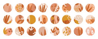 Büyük bir soyut vektör seti. Vektör vurgulama kapakları koleksiyonu. Çeşitli şekiller, çizgiler, noktalar, karalama nesneleri. Sosyal medya hikayeleri için yuvarlak ikonlar. İzole tasarım ögeleri.