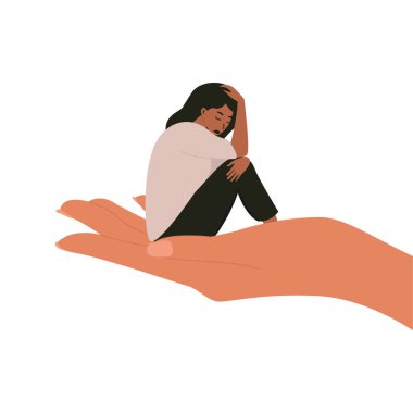 Düz vektör karikatür çizimi, avucunun içinde oturan bir kadının depresif bir ruh hali içinde dizlerine sarıldığını gösteriyor. Akıl sağlığı sorunları, tükenme, depresyon. Yardım ve destek kavramı.