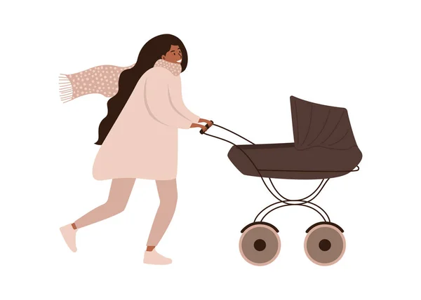 Flat Vector Cartoon Illustration Happy Woman Outerwear Walking Baby Stroller — Stock Vector