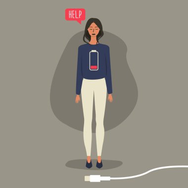 Düşük pil yükü olan bir kadının düz vektör çizimi, duygusal tükenme kavramı, kronik yorgunluk, baş ağrısı, depresyon, psikolojik sorunlar. Enerji dengesini sağlama ihtiyacı