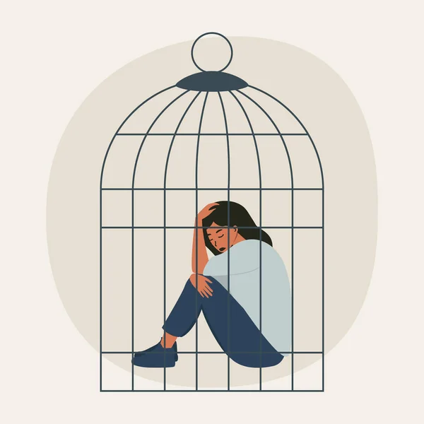 Kafeste oturan üzgün bir kadının düz vektör çizimi. Kadınların toplumdaki sınırları, aile içi şiddet, depresyon ve umutsuzluk, ırkçılık ve cinsiyet ayrımcılığı kavramı.
