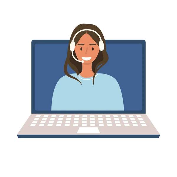平面矢量卡通画的一个女操作员在耳机 在线顾问 视频呼叫技术 具有人工智能的聊天机器人 白色背景上的孤立设计 — 图库矢量图片