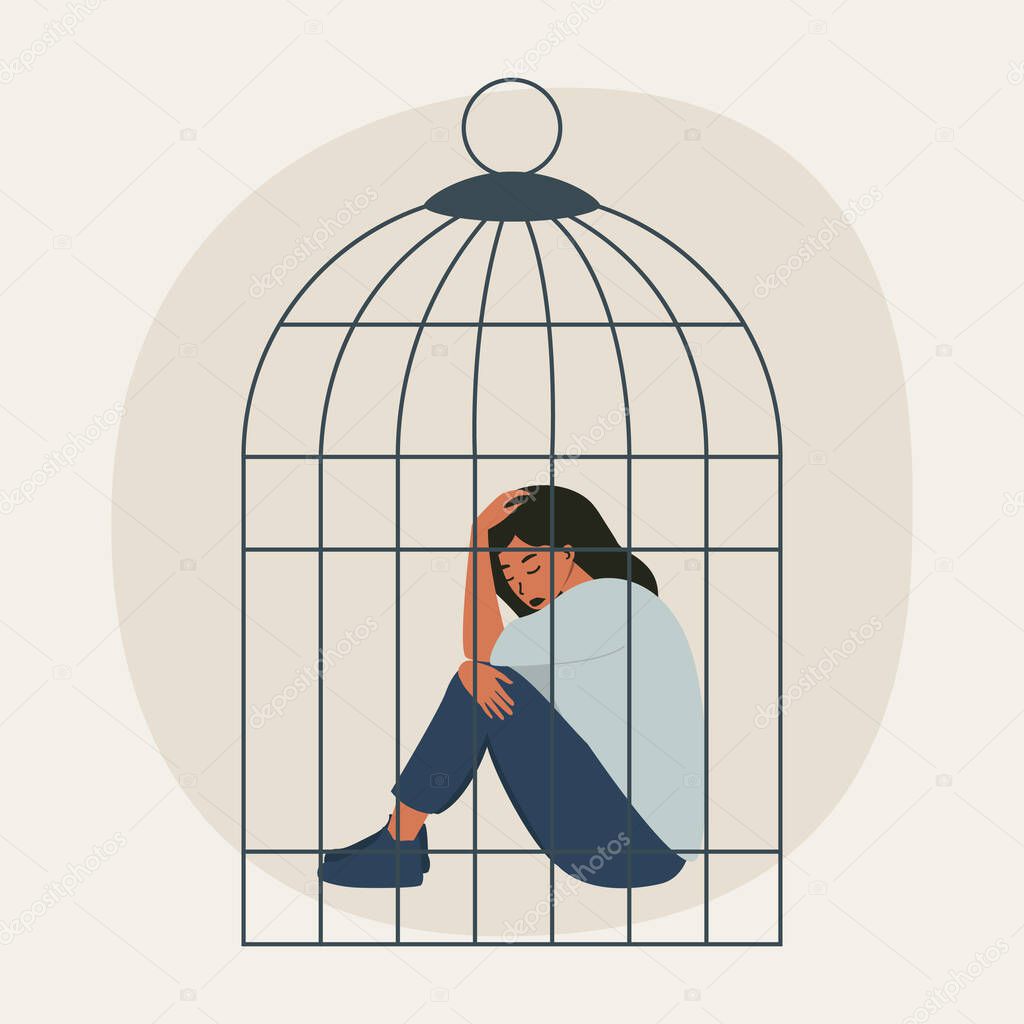 Flat vector illustration of a sad woman sitting in a cage. The concept of women's limitations in society, domestic violence, depression and despair, racism and sexism.