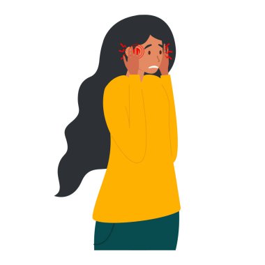 Şiddetli baş ağrısı hisseden ve ellerini kafasına bastıran bir kadının düz vektör çizimi. Beyaz arkaplanda izole tasarım.