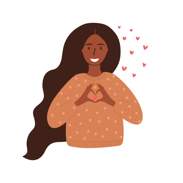 Ilustración Dibujos Animados Vectoriales Planos Una Mujer Afroamericana Mostrando Corazón — Vector de stock
