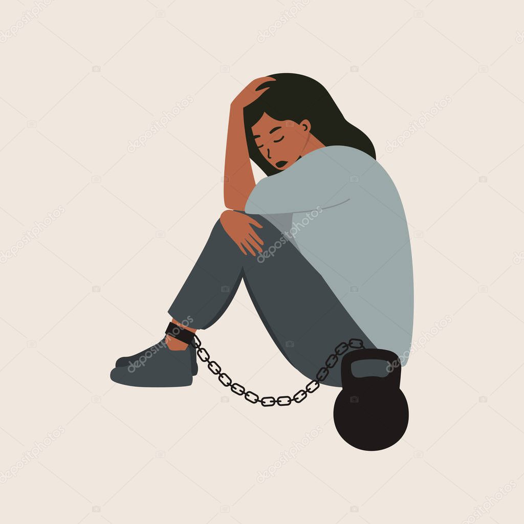 A flat vector cartoon illustration of a woman, bound by a weight in the form of a kettlebell, sitting with her hands clasped around her knees. The burden of responsibility, duty, the concept of guilt