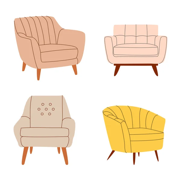 Flacher Vektor Cartoon Sessel Verschiedenen Formen Moderne Freizeitmöbel Isoliert Auf — Stockvektor