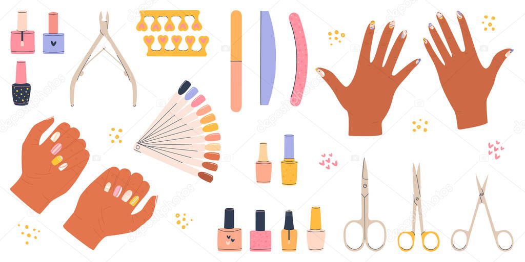  Flat vector cartoon illustration of women's hands and various manicure accessories. Scissors, nail files, clippers, polishes, nail polish palette, and toe separators. White background.